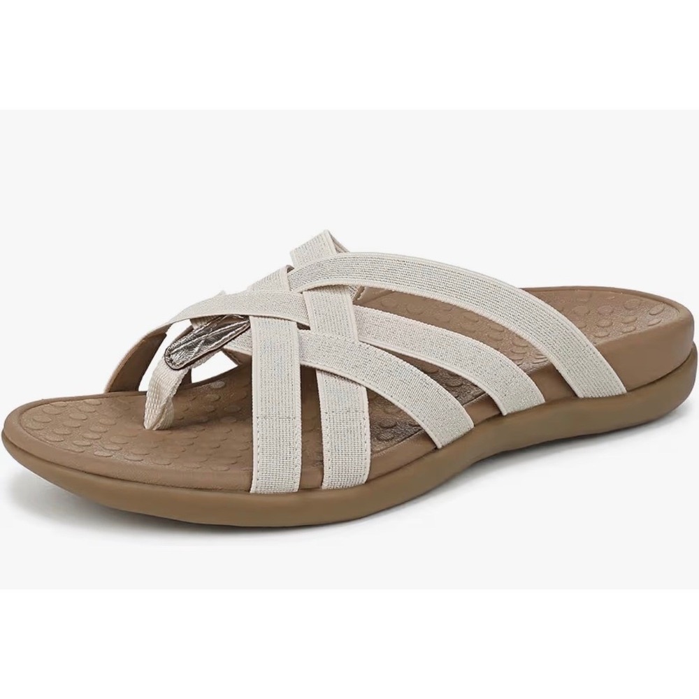 Vionic Tia Thong Sandals Womens 6 Champagne Strappy Elastic Orthotic Slide Tan